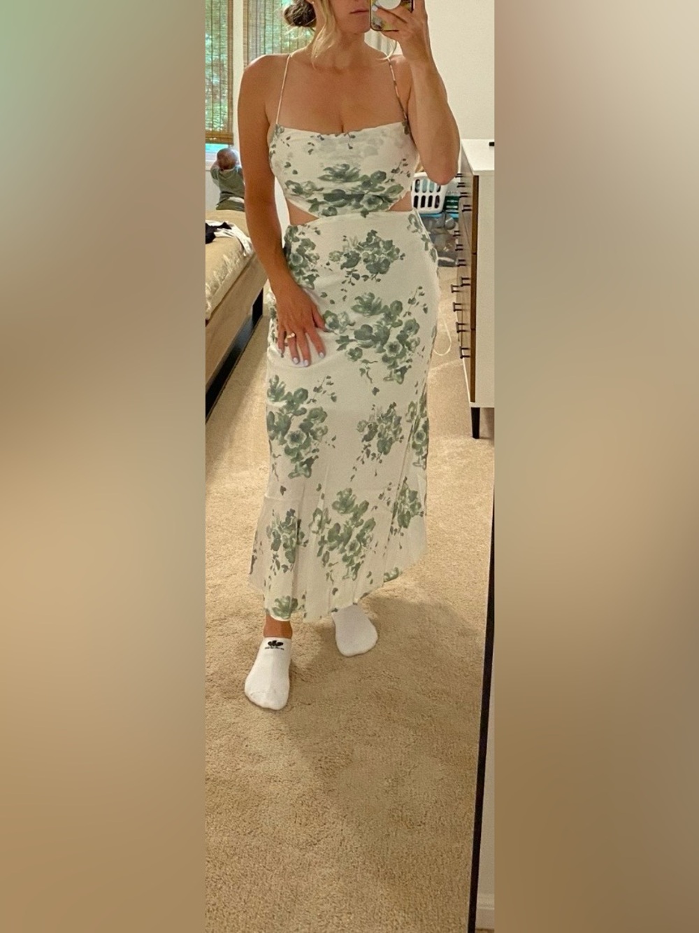 Hello Molly Cream Midi Dress with Sage Green Floral Print and Side Cutout